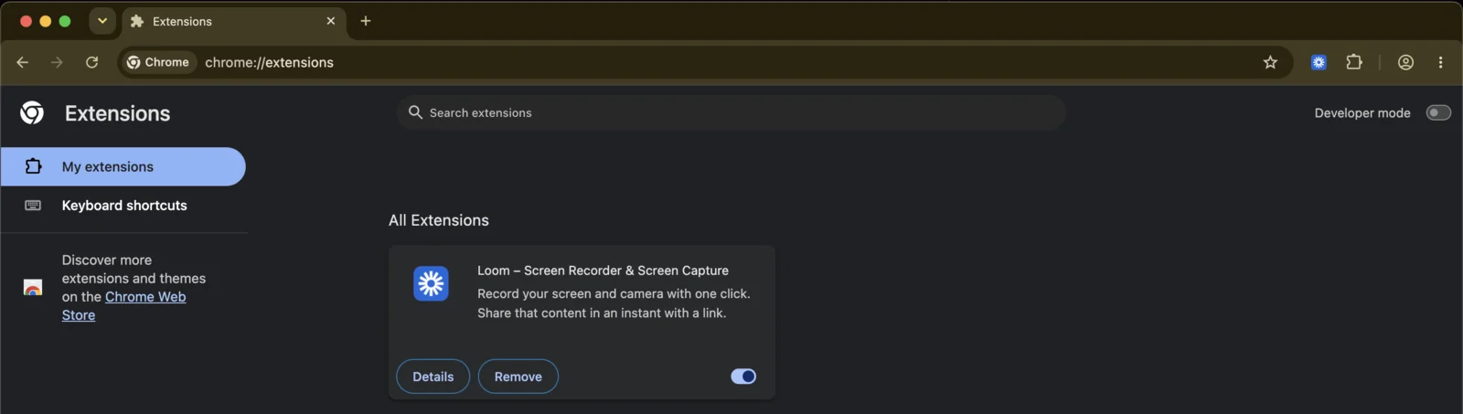 The Chrome Extensions page with chrome://extensions in the address bar and the Developer mode toggle switched off in the top-right corner.