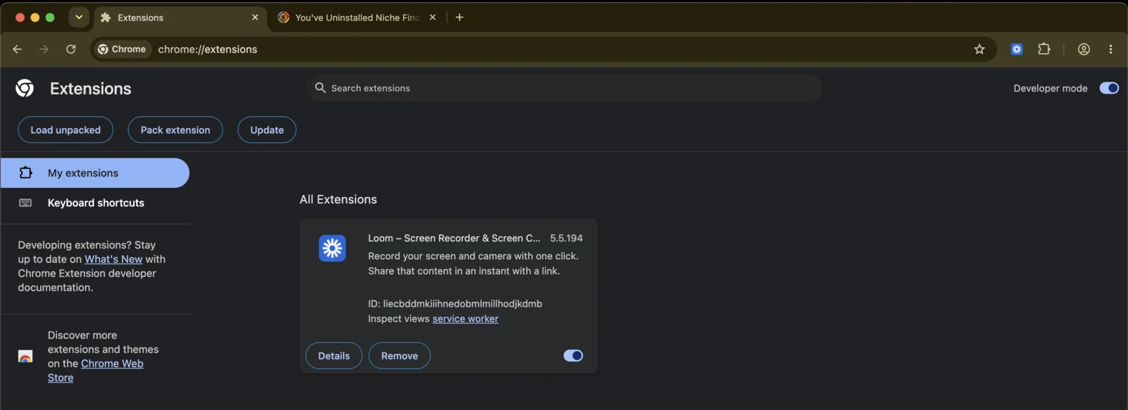 The Chrome Extensions page with Developer mode switched on, revealing a new row of buttons: Load unpacked, Pack extension, and Update.