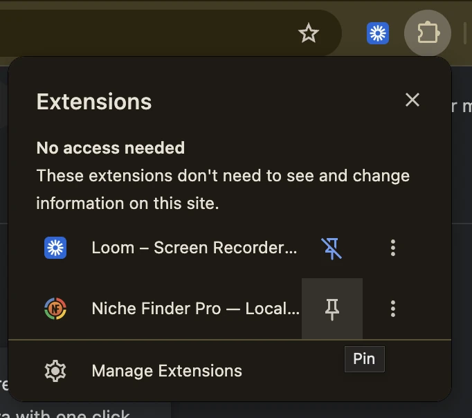 The Chrome toolbar puzzle-piece menu open, listing Niche Finder Pro with a pin icon highlighted and a Pin tooltip showing.