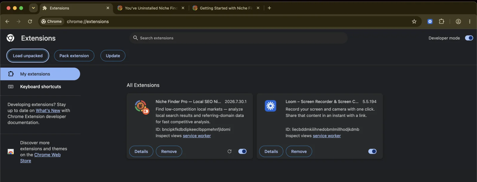 The Chrome Extensions page after loading, showing the Niche Finder Pro card with its version, its ID bncipkfkdbdipkeeclbppmehnfjldomi, Details and Remove buttons, a reload icon, and the enable toggle switched on.