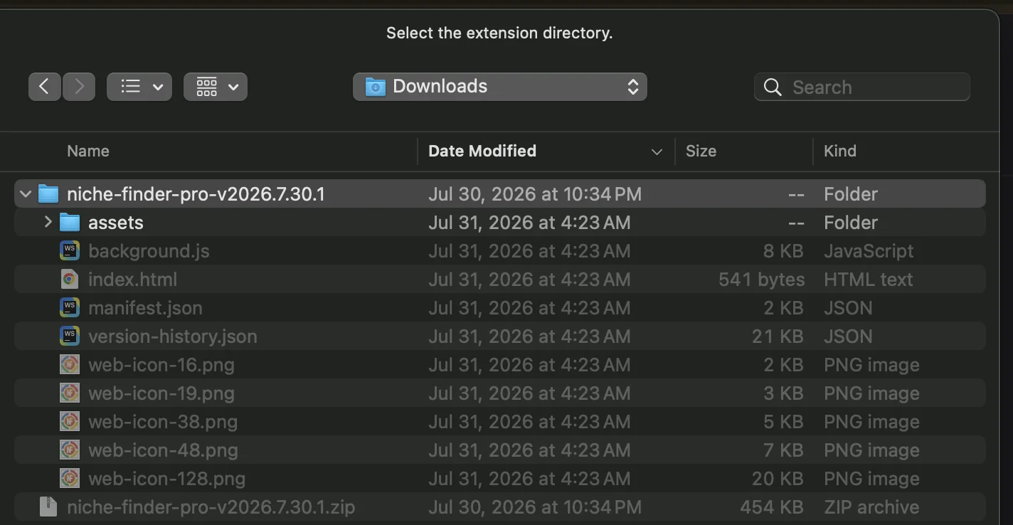 The macOS folder picker titled 'Select the extension directory', showing the unzipped niche-finder-pro folder in Downloads with manifest.json, background.js, index.html and the assets folder inside it.