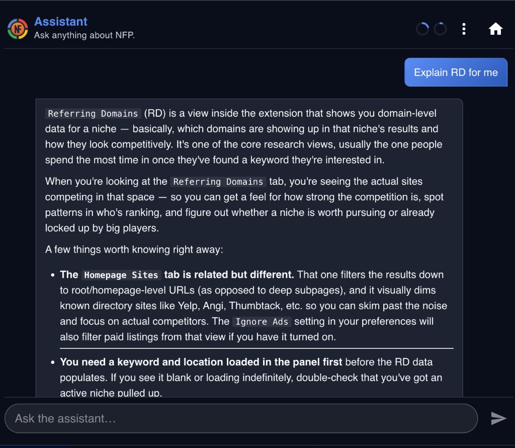 NFP Assistant chat showing a user asking Explain RD for me and the assistant explaining Referring Domains, Homepage Sites, and Ignore Ads settings