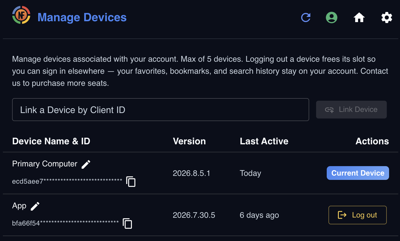 NFP Manage Devices screen listing a primary computer and a second device with their versions, last-active dates, and a Log out action, above a Link a Device by Client ID field