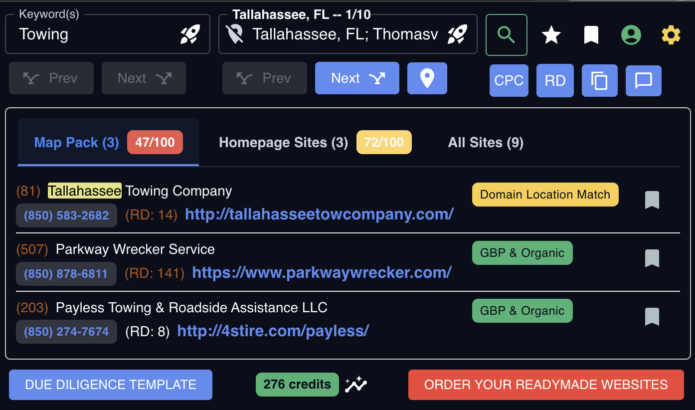 NFP search results showing Map Pack with 47/100 competitiveness score and 72/100 Homepage Sites score for towing in Tallahassee, FL