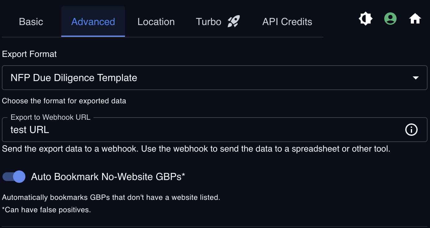 NFP Advanced settings tab showing Export Format dropdown, Webhook URL, and Auto Bookmark No-Website GBPs toggle