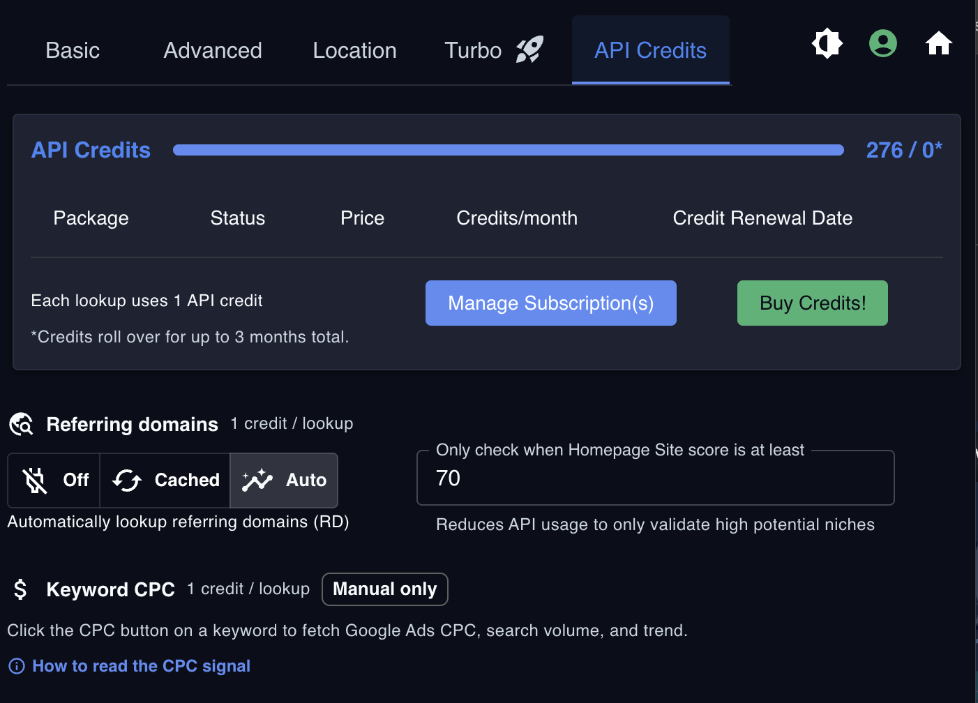 NFP API Credits settings tab showing 276 credits, Referring Domains mode toggle (Off/Cached/Auto), Homepage Site score threshold, and Keyword CPC manual-only section