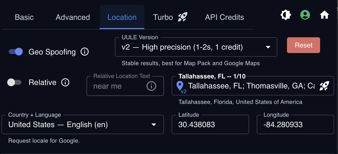 NFP Location settings tab with Geo Spoofing toggle, UULE v2 high precision option, country and language selector, and latitude/longitude for Tallahassee, FL
