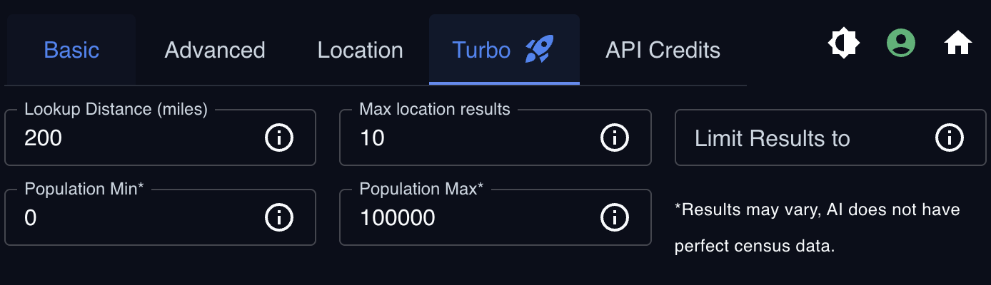 NFP Turbo settings tab with Lookup Distance, Max location results, Limit Results to, and Population Min/Max filters