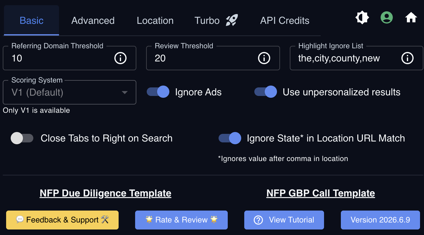 NFP Basic settings tab with referring domain threshold, review threshold, scoring system, and toggles for ignoring ads and unpersonalized results